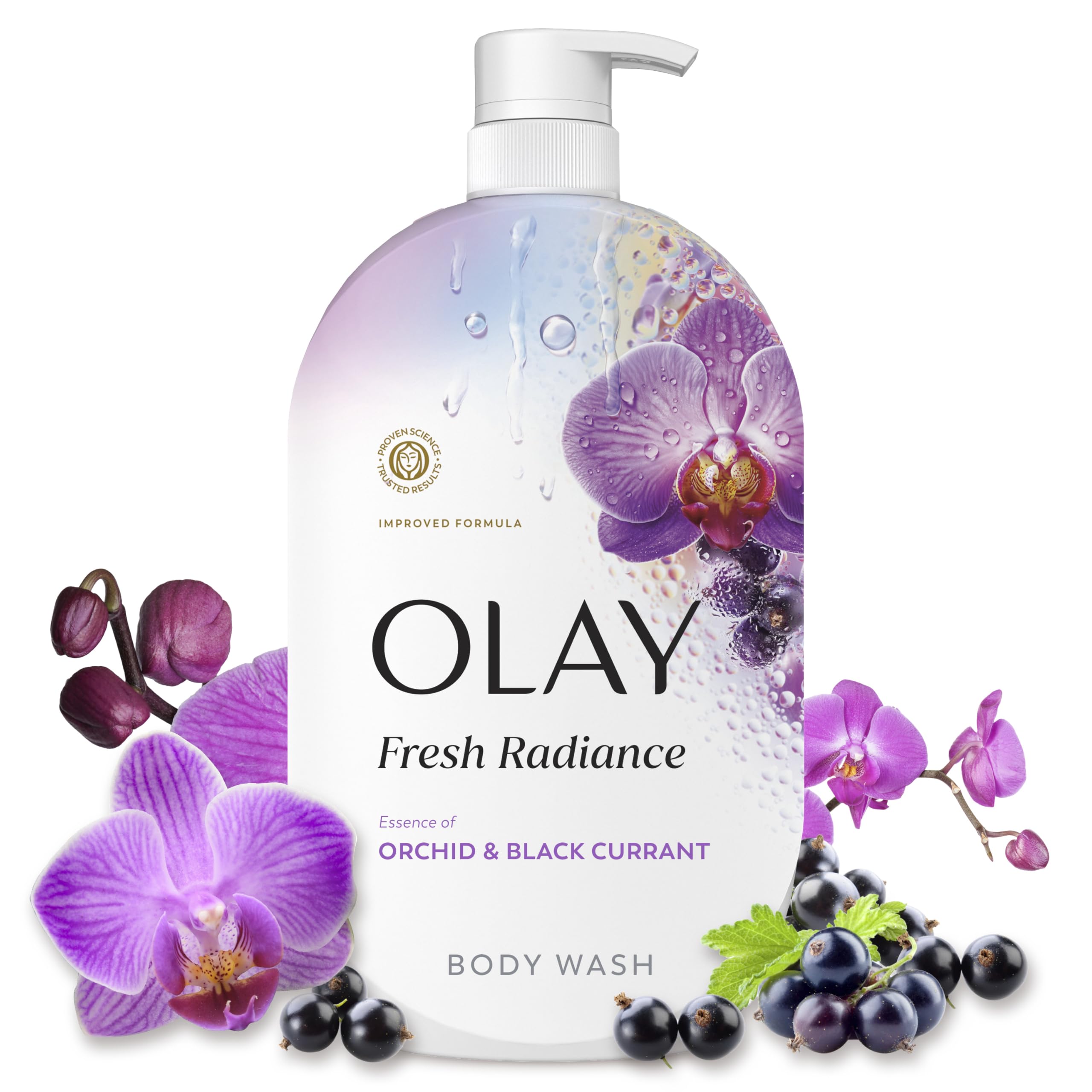 Olay bottle front view showing Fresh Radiance benefits and scent