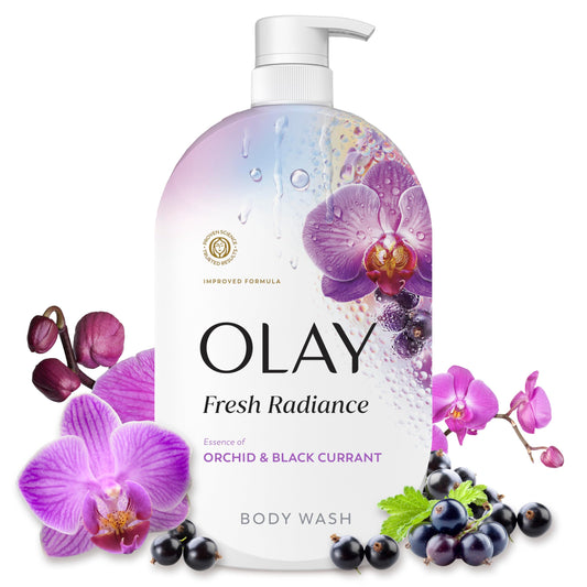 Olay bottle front view showing Fresh Radiance benefits and scent