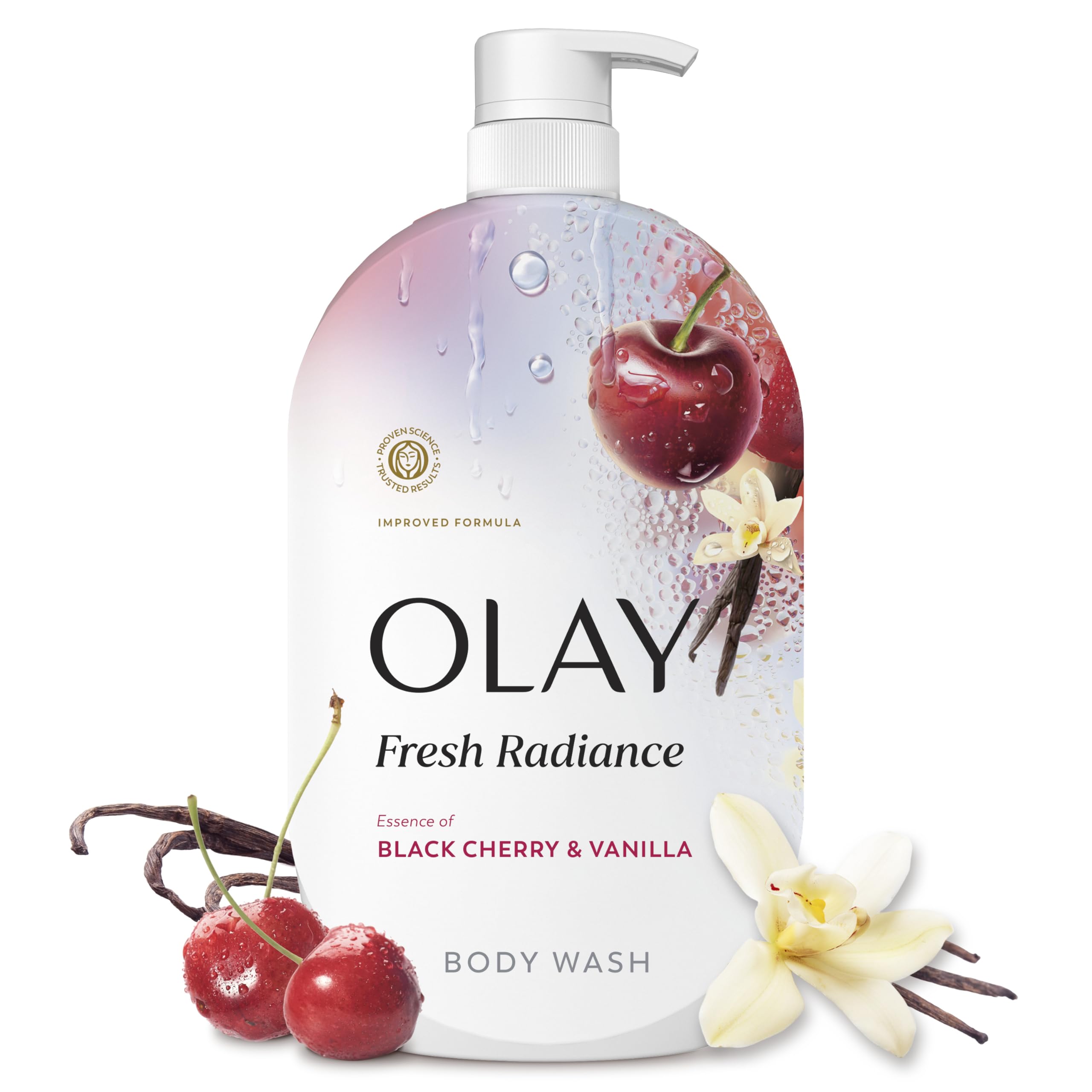Olay bottle front view showing label and scent benefit