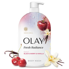 Olay bottle front view showing label and scent benefit