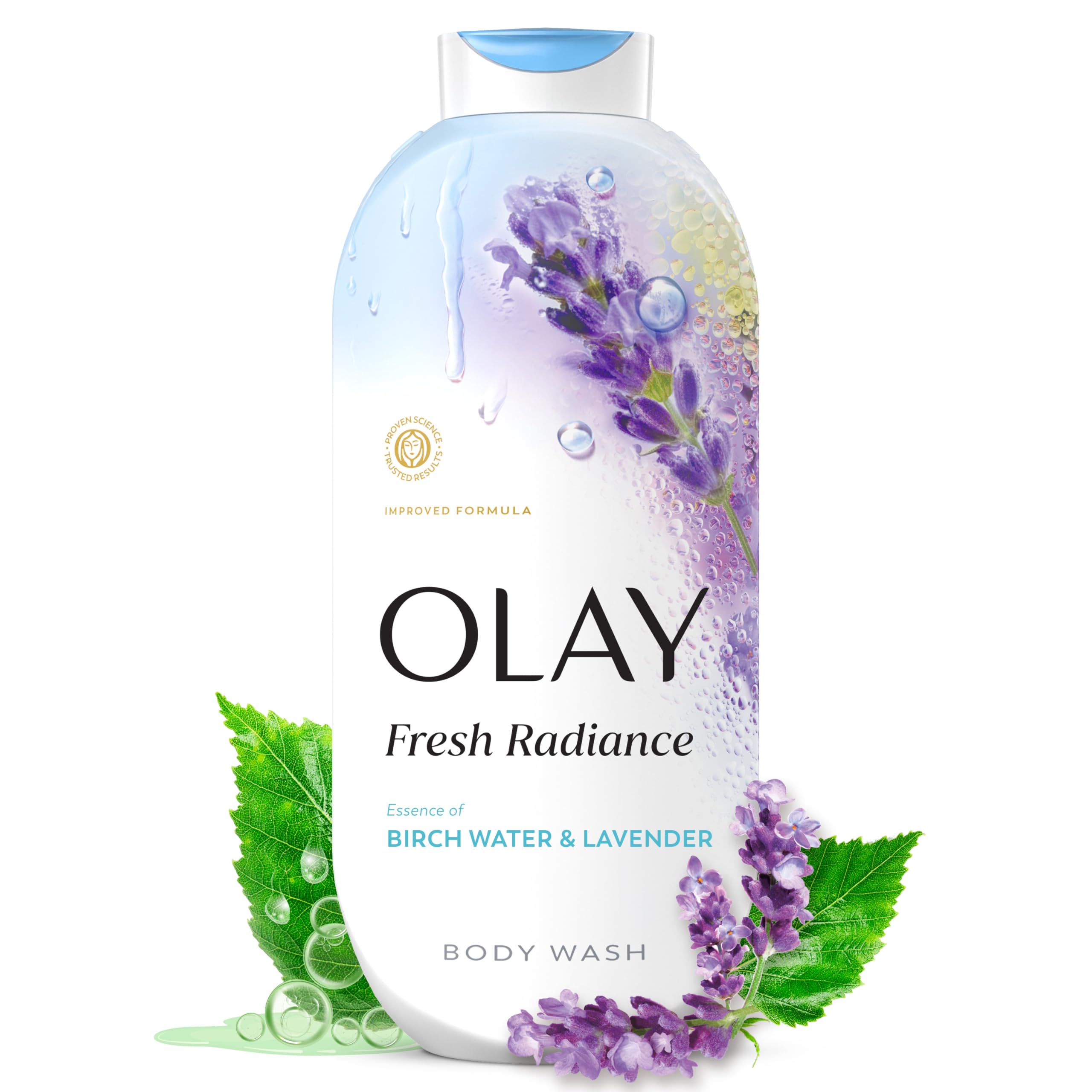 Olay front bottle showing product and fragrance, highlights easy identification