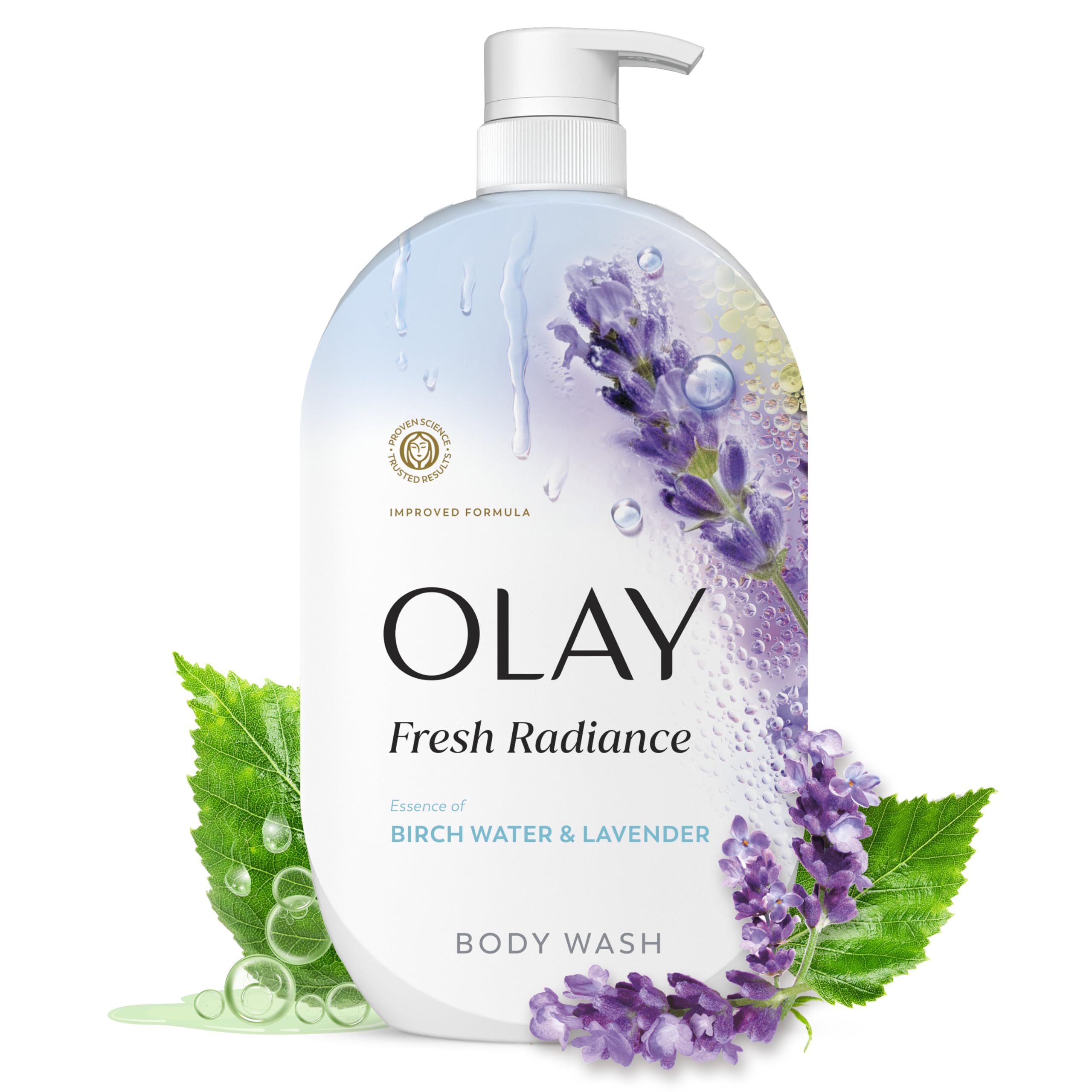 Olay front bottle showing branding and large pump for convenient use