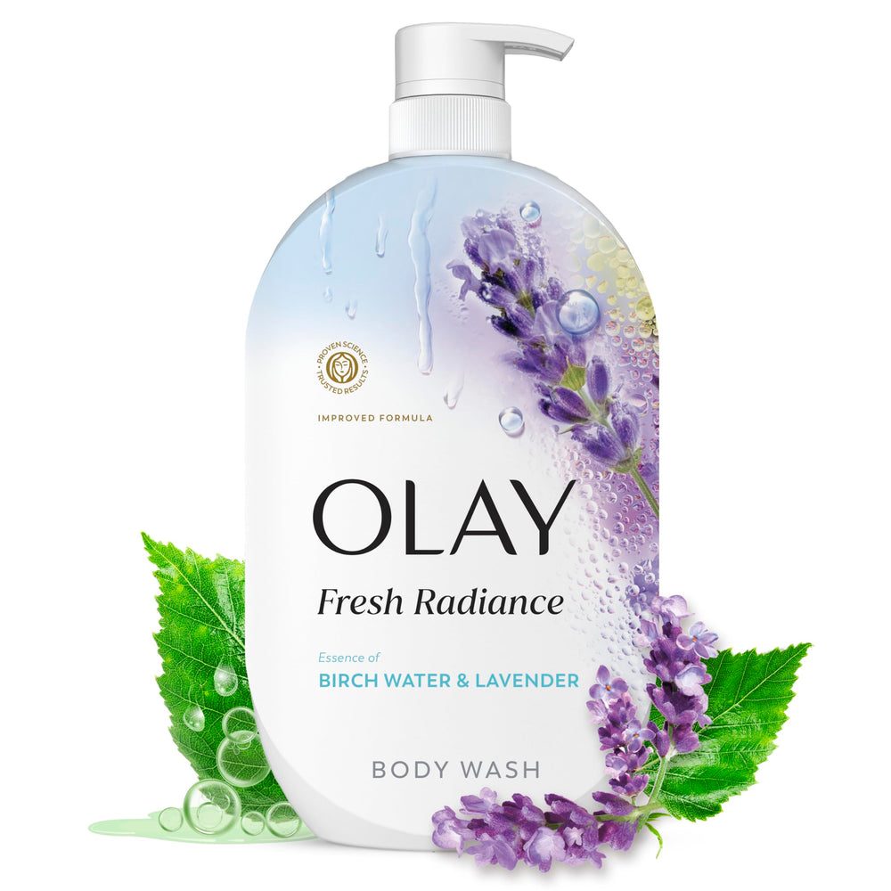 Olay front bottle showing branding and large pump for convenient use