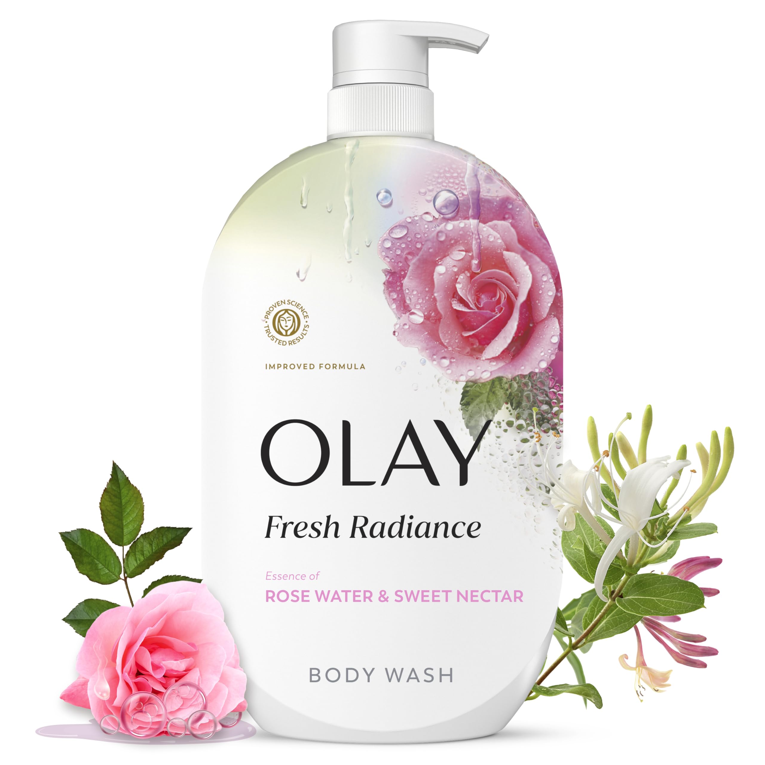 Olay bottle front view showing product and size benefit