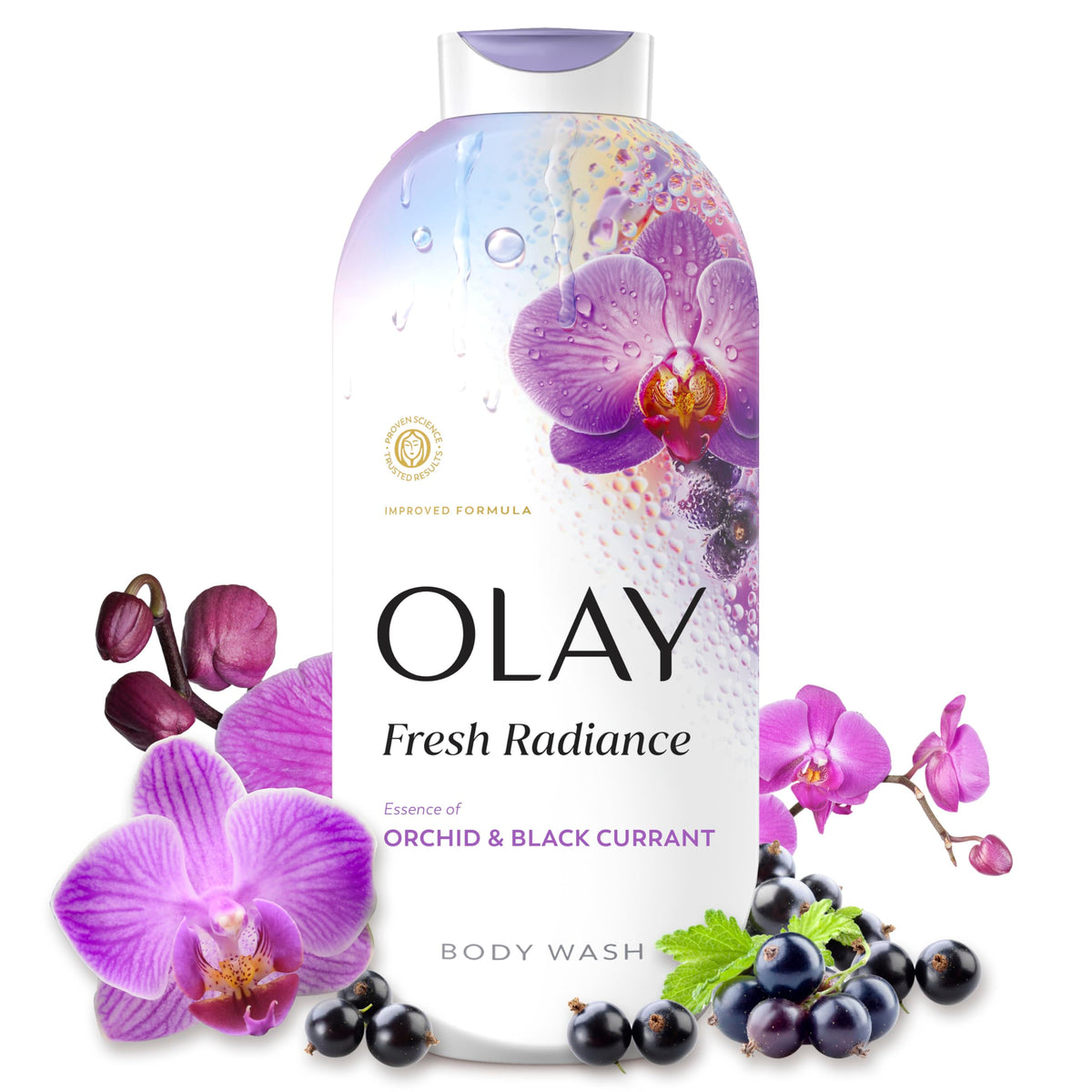 Olay front packaging showing bottle and scent benefits