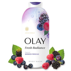 Olay bottle front packaging showing radiant body wash benefits