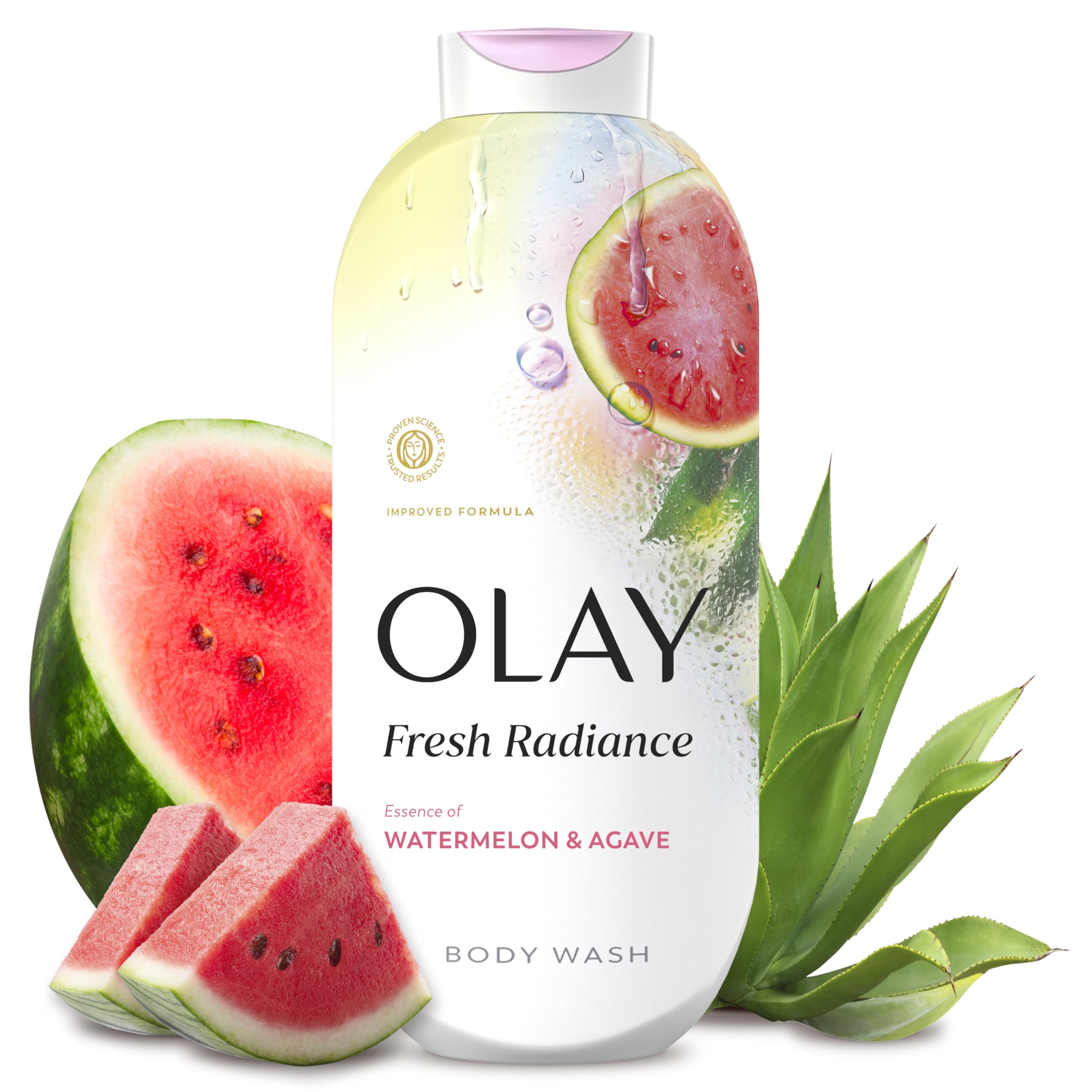 Olay front packaging showing bottle and scent for refreshing showers