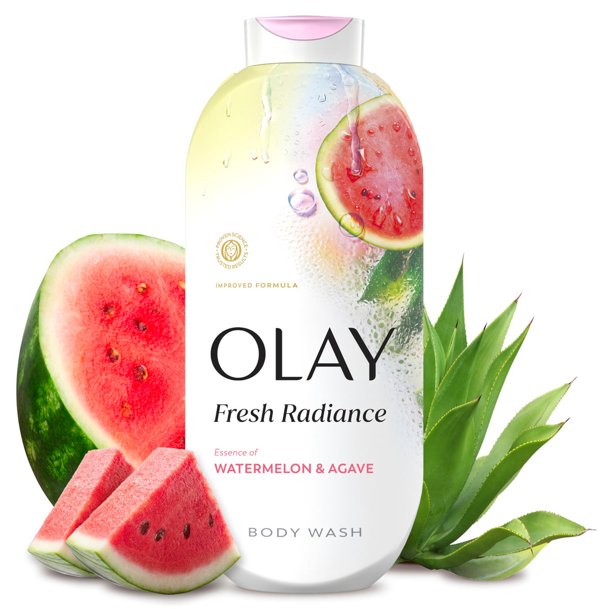 Olay front packaging showing bottle and scent for refreshing showers