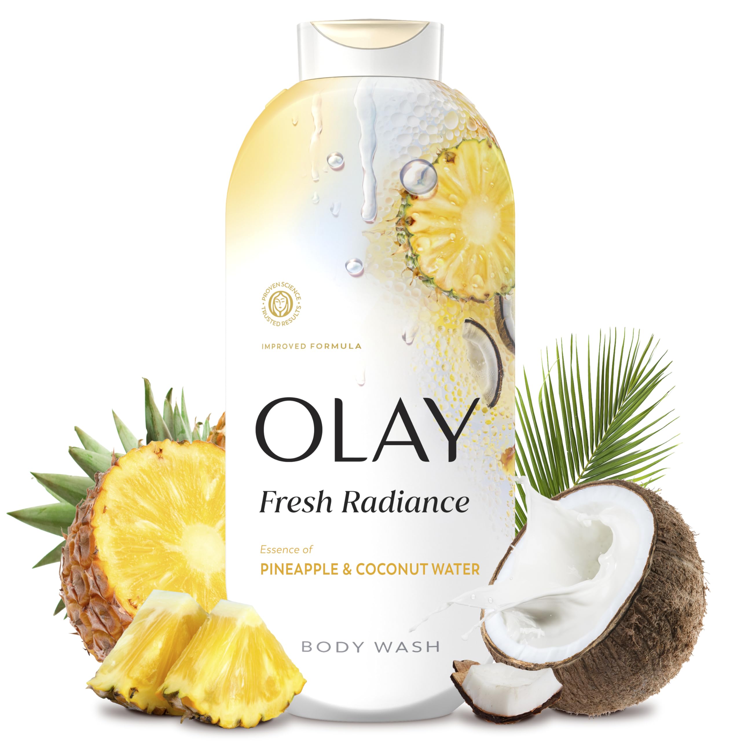 Olay bottle front packaging showing product benefit and scent