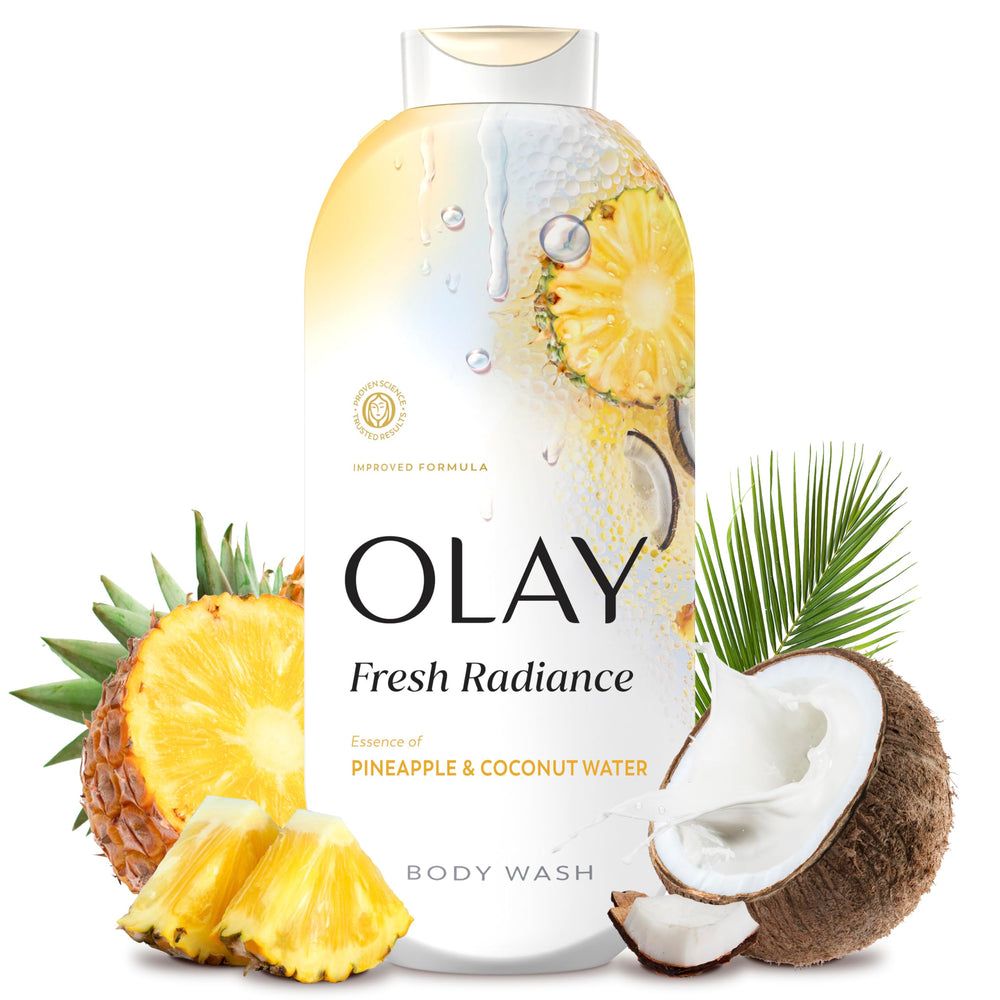 Olay bottle front packaging showing product benefit and scent