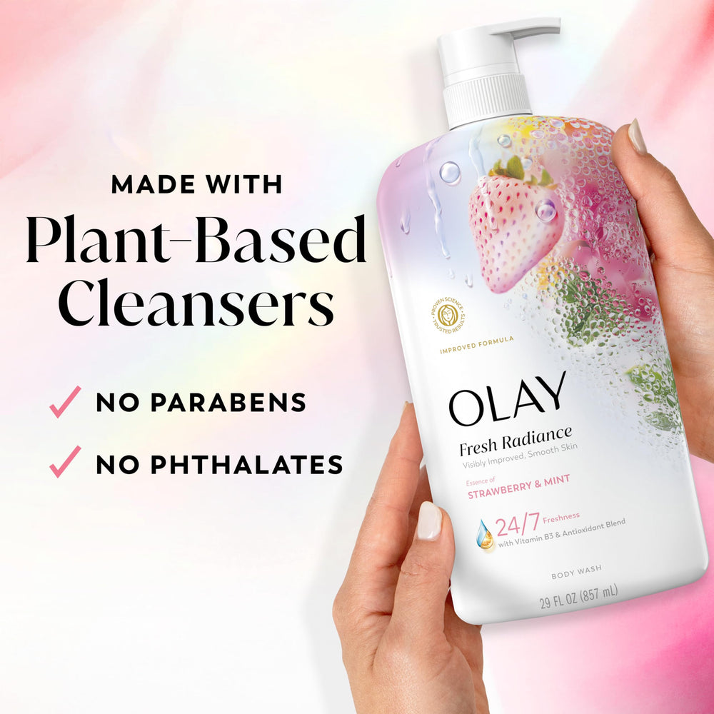 Ingredient label on Olay Fresh Radiance emphasizing Vitamin B3 and plant cleansers