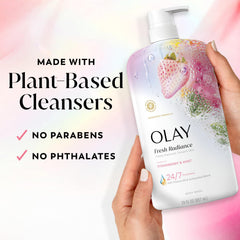 Ingredient label on Olay Fresh Radiance emphasizing Vitamin B3 and plant cleansers