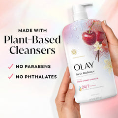 Olay fresh radiance ingredients panel showing Vitamin B3 and plant-based cleansers benefit