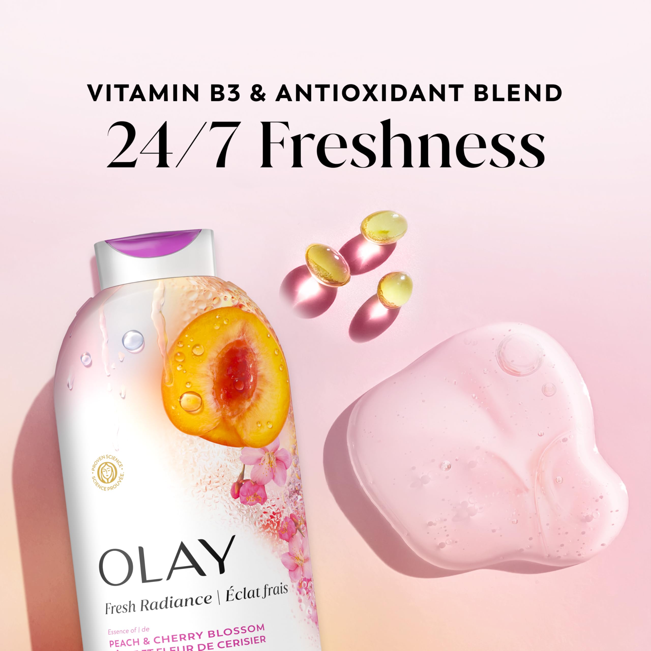 Olay lather on loofah demonstrating rich foam and quick rinse benefit