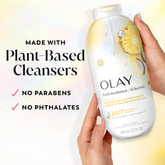 Pineapple and coconut water visual suggesting Olay fresh fruity scent