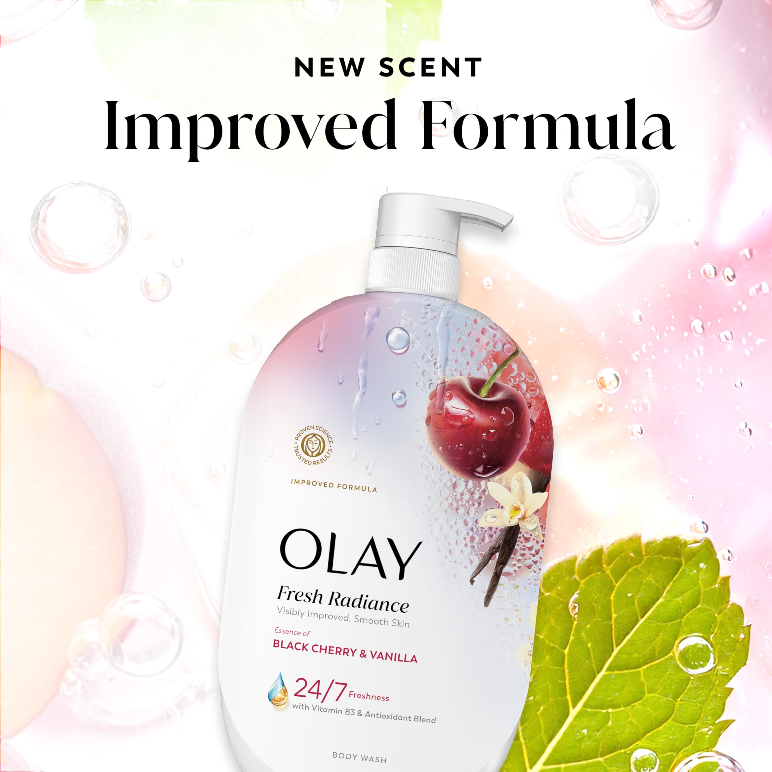 Pouring Olay body wash into a palm demonstrating controlled dispense benefit
