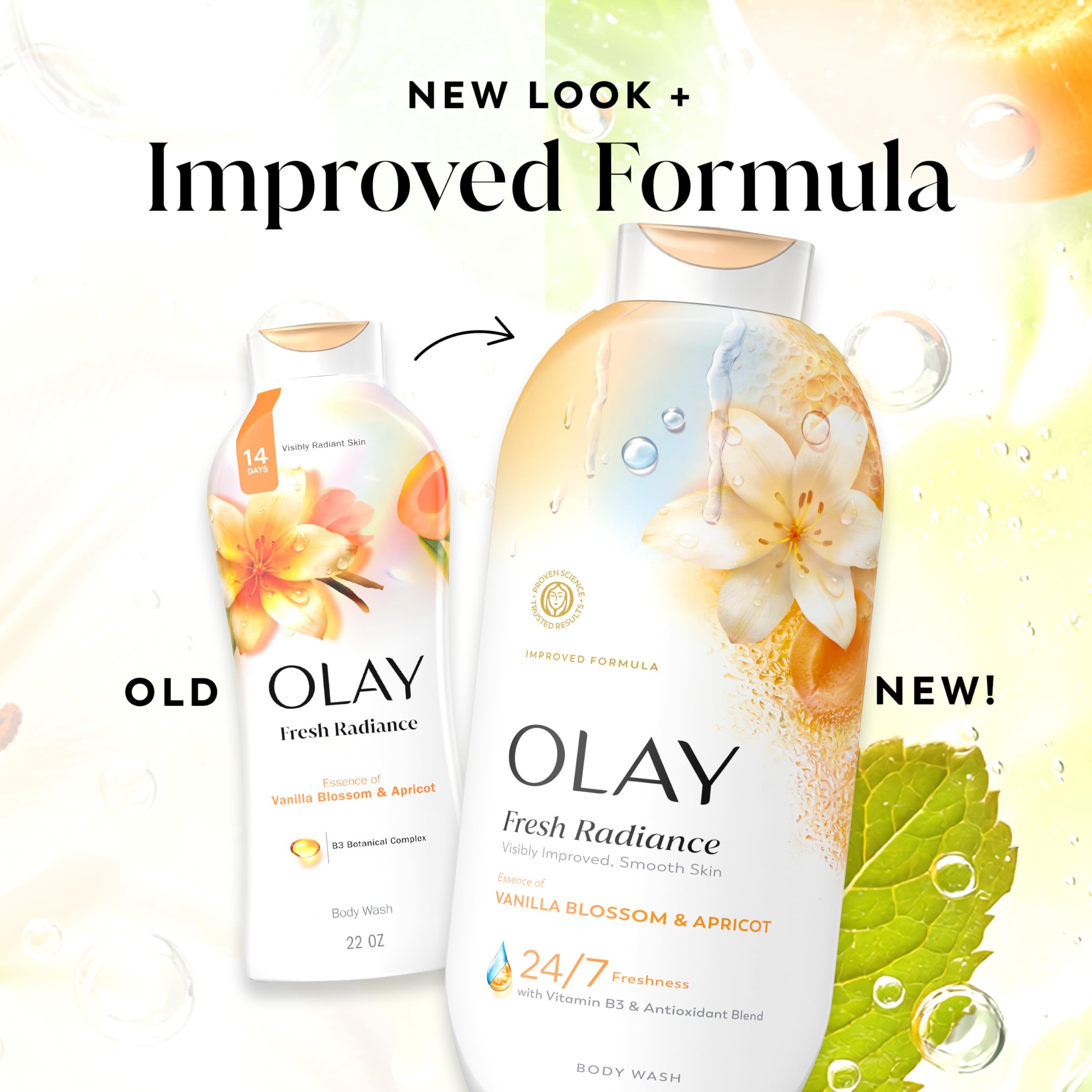 Olay bottle with eco packaging symbol, communicates cleaner-formula benefit