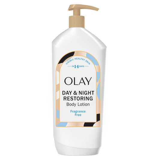 Olay front bottle showing label and 18 fl oz size, clear product benefit
