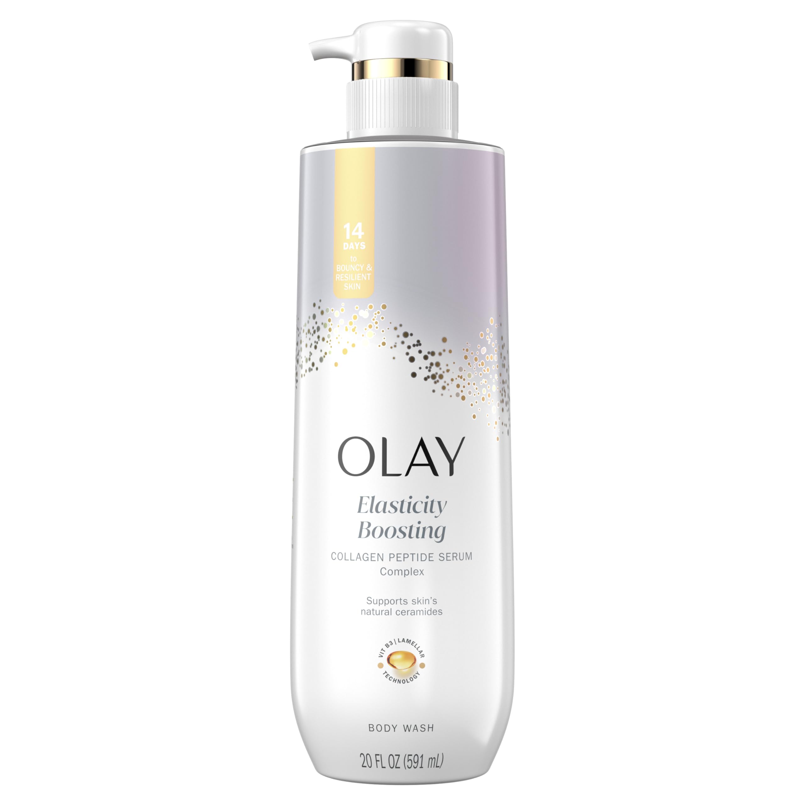 Olay front bottle elasticity boosting showing packaging and clear benefit