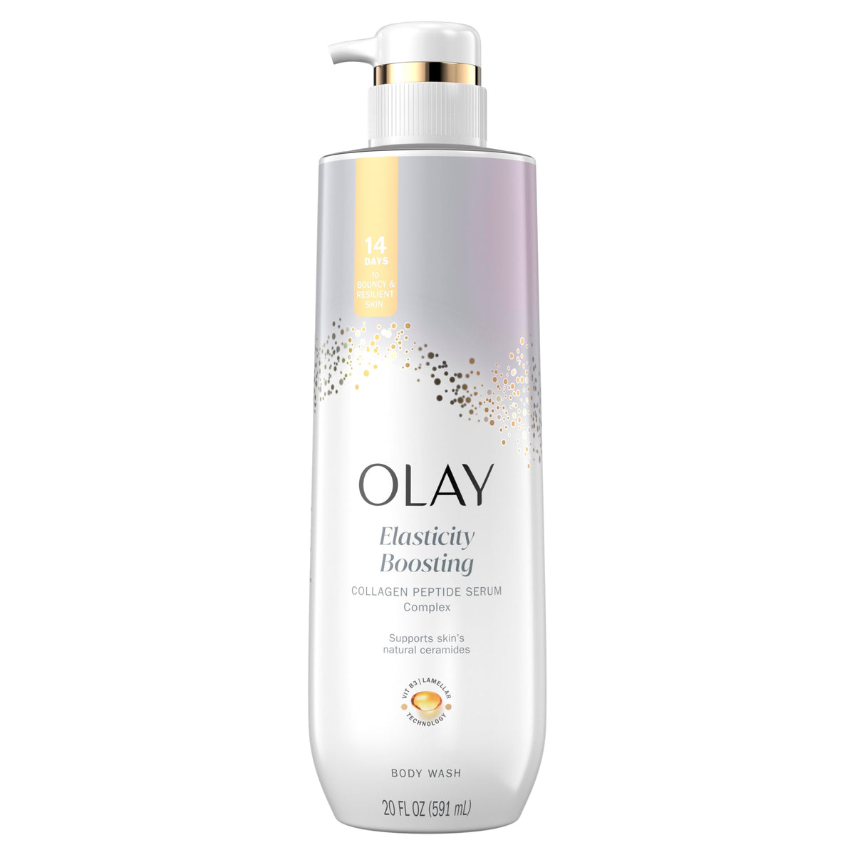 Olay front bottle elasticity boosting showing packaging and clear benefit