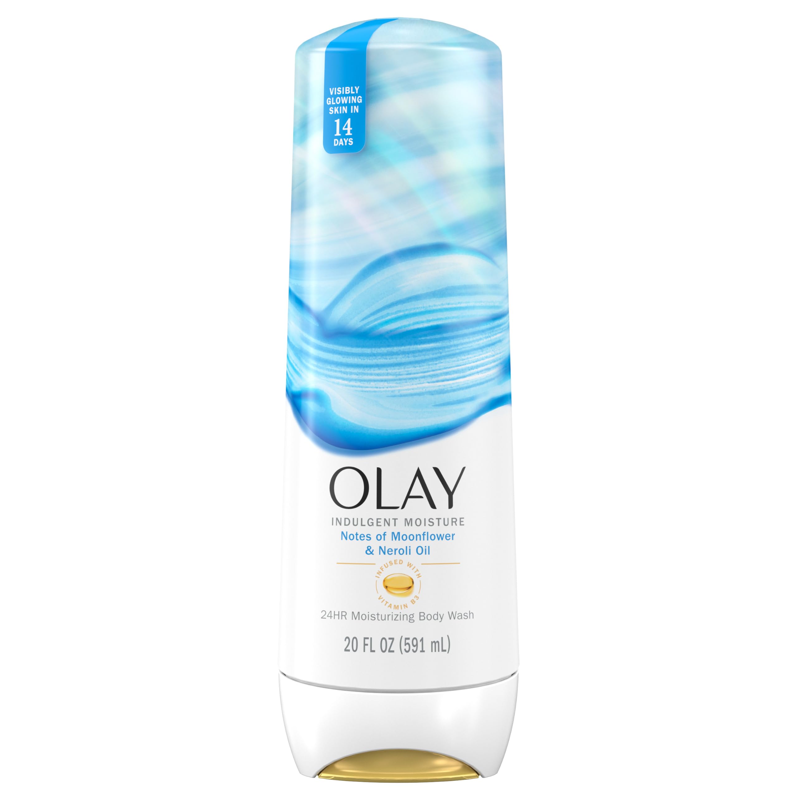 Olay front bottle showing indulgent moisture and 20 fl oz size for lasting hydration