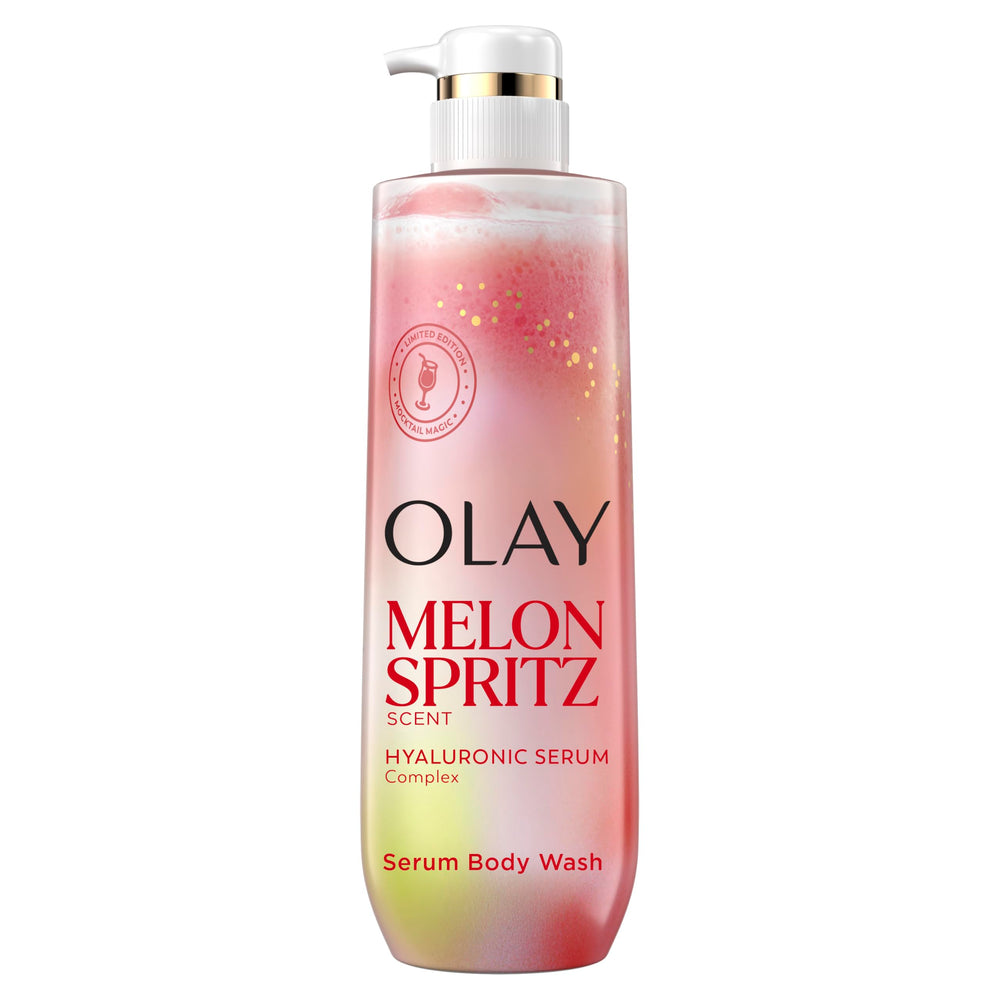 Olay front bottle showing product and scent for refreshing hydration