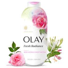 Olay front bottle showing fresh radiance branding and benefit