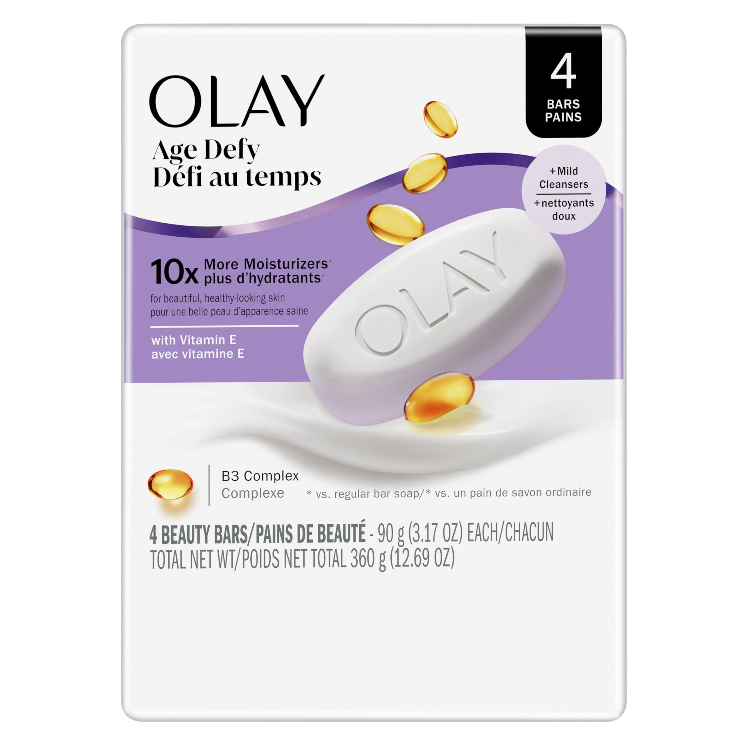 Olay front packaging showing four age defying beauty bars and value pack benefit