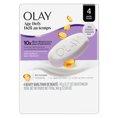 Olay front packaging showing four age defying beauty bars and value pack benefit