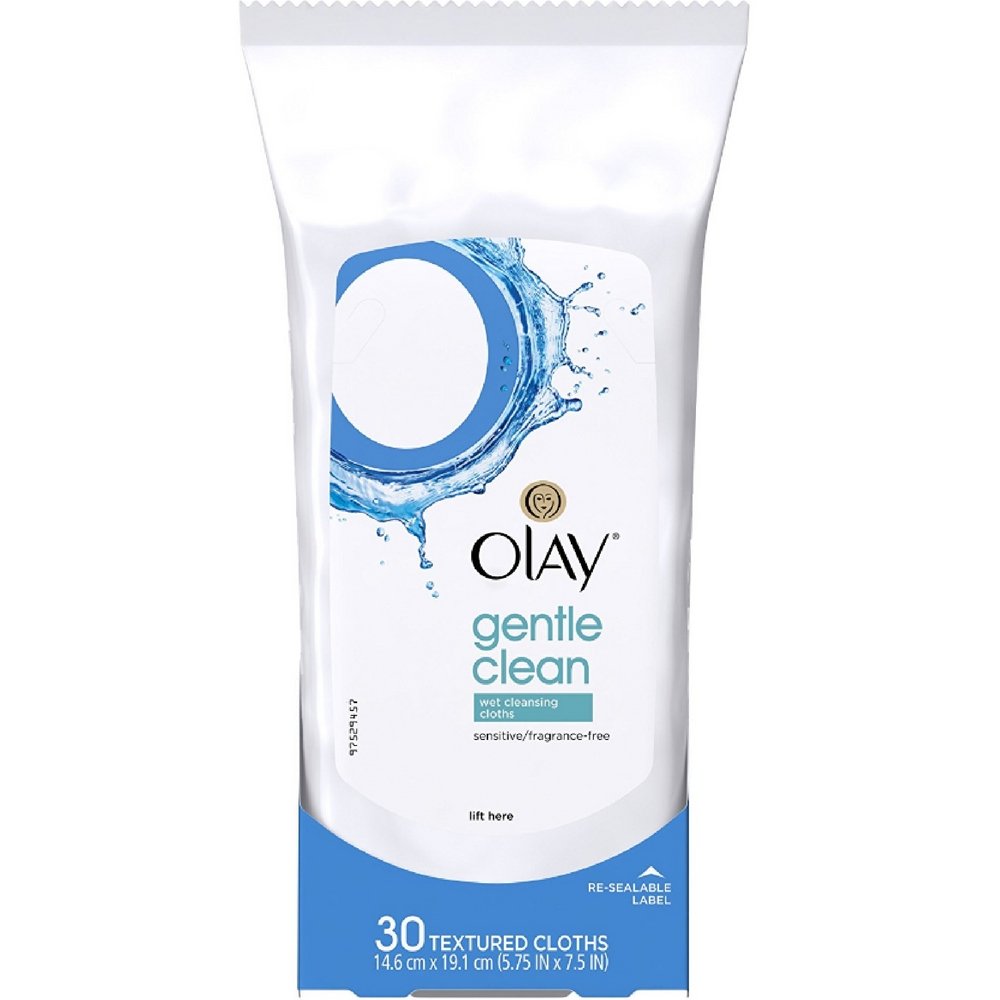 Olay front packaging showing fragrance-free wipes and travel convenience