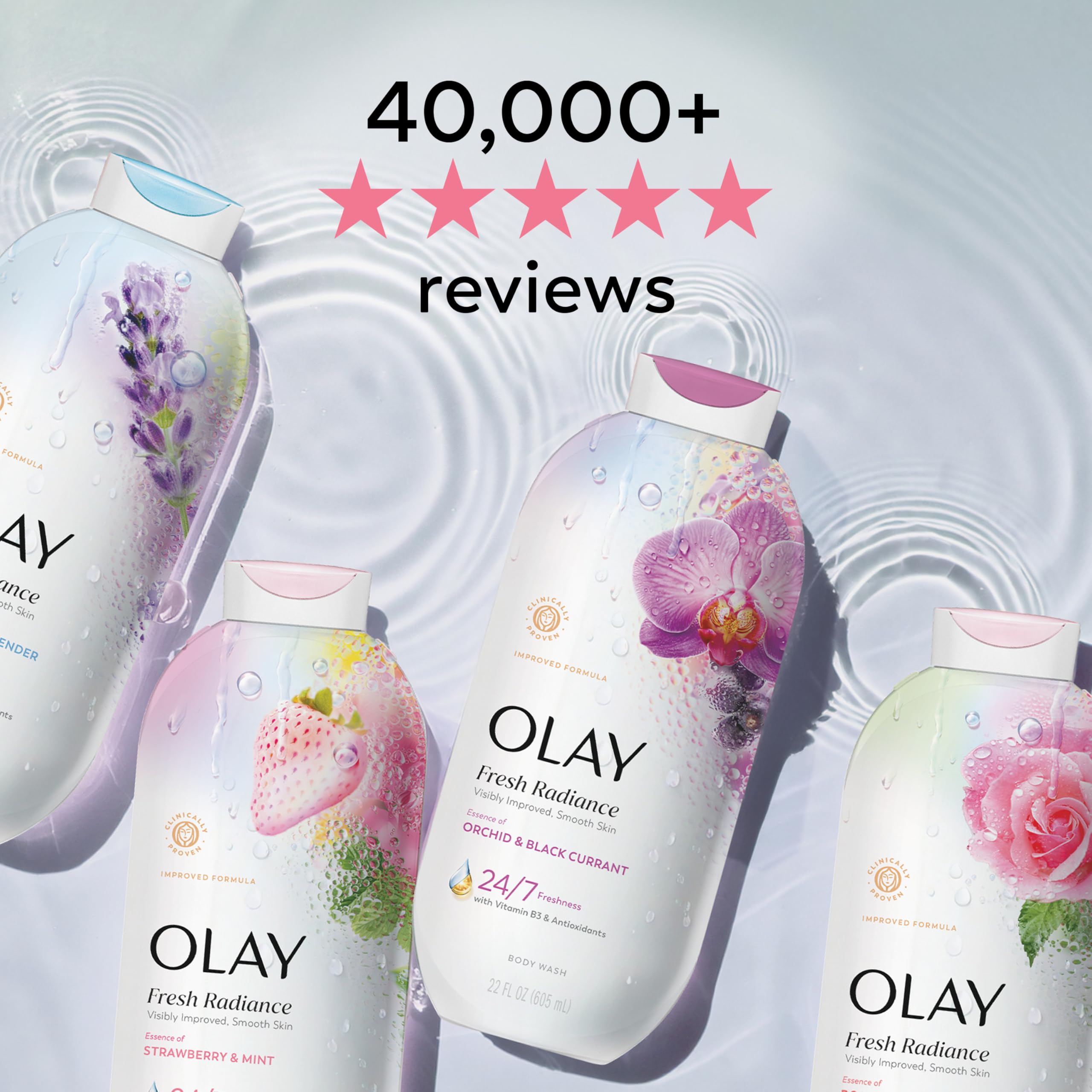 Olay being applied in shower demonstrating smooth, aromatic wash