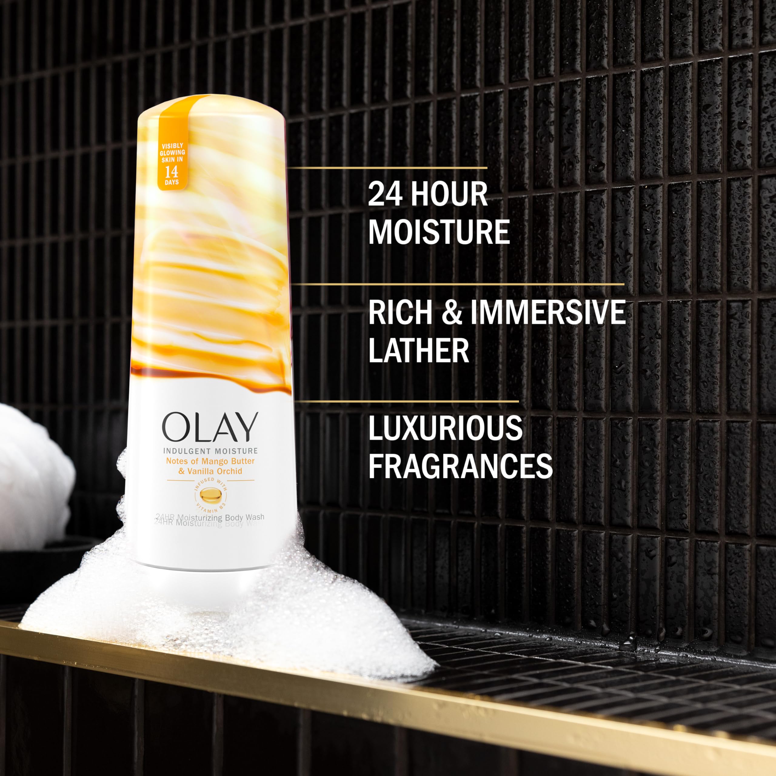 Olay product back label close-up listing ingredients and benefits