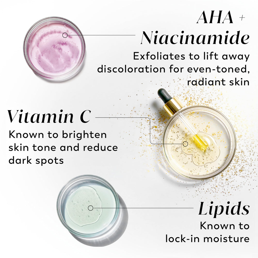 Olay ingredient display with AHA vitamin C niacinamide highlighting brightening benefits