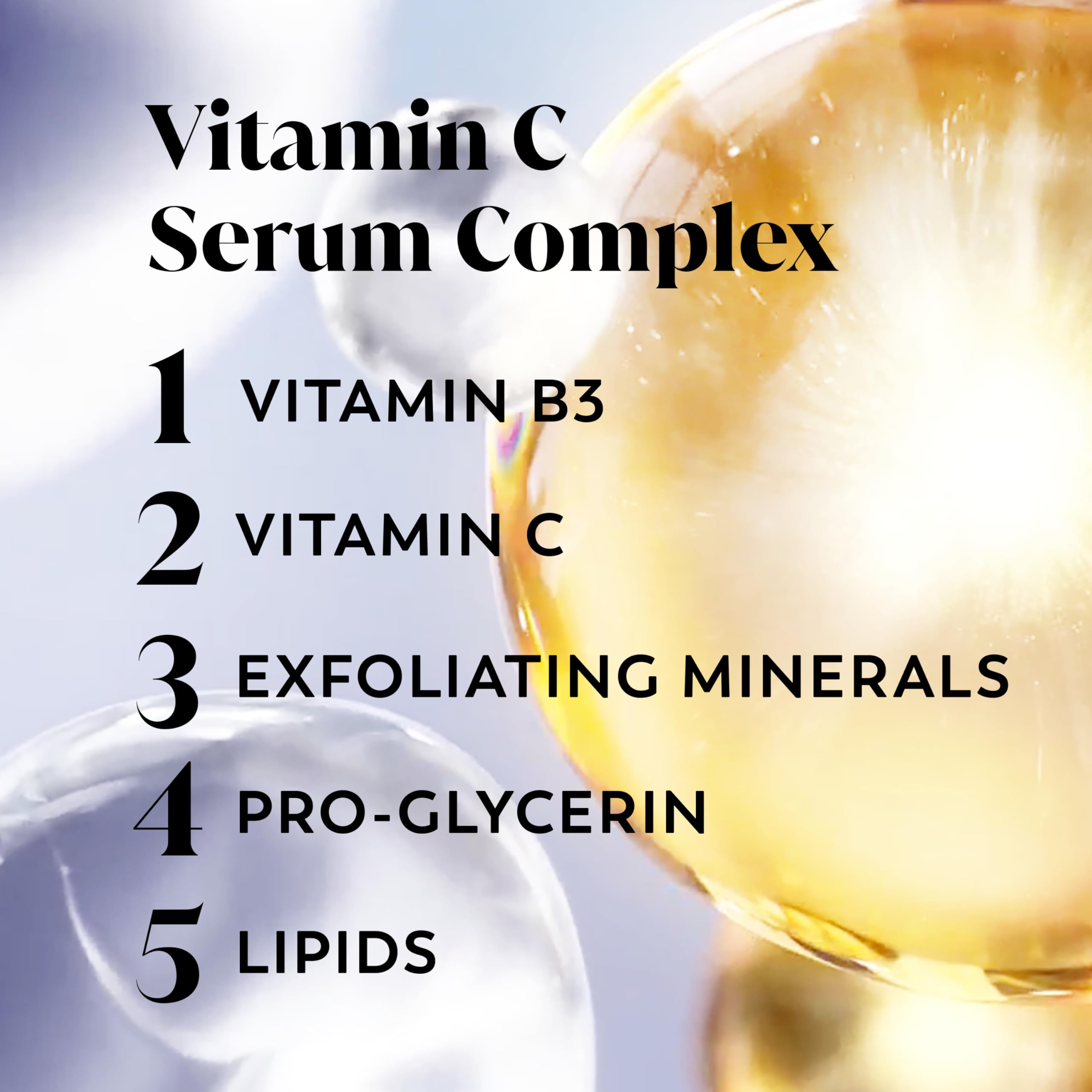 Olay ingredient label highlighting vitamin C and niacinamide benefits