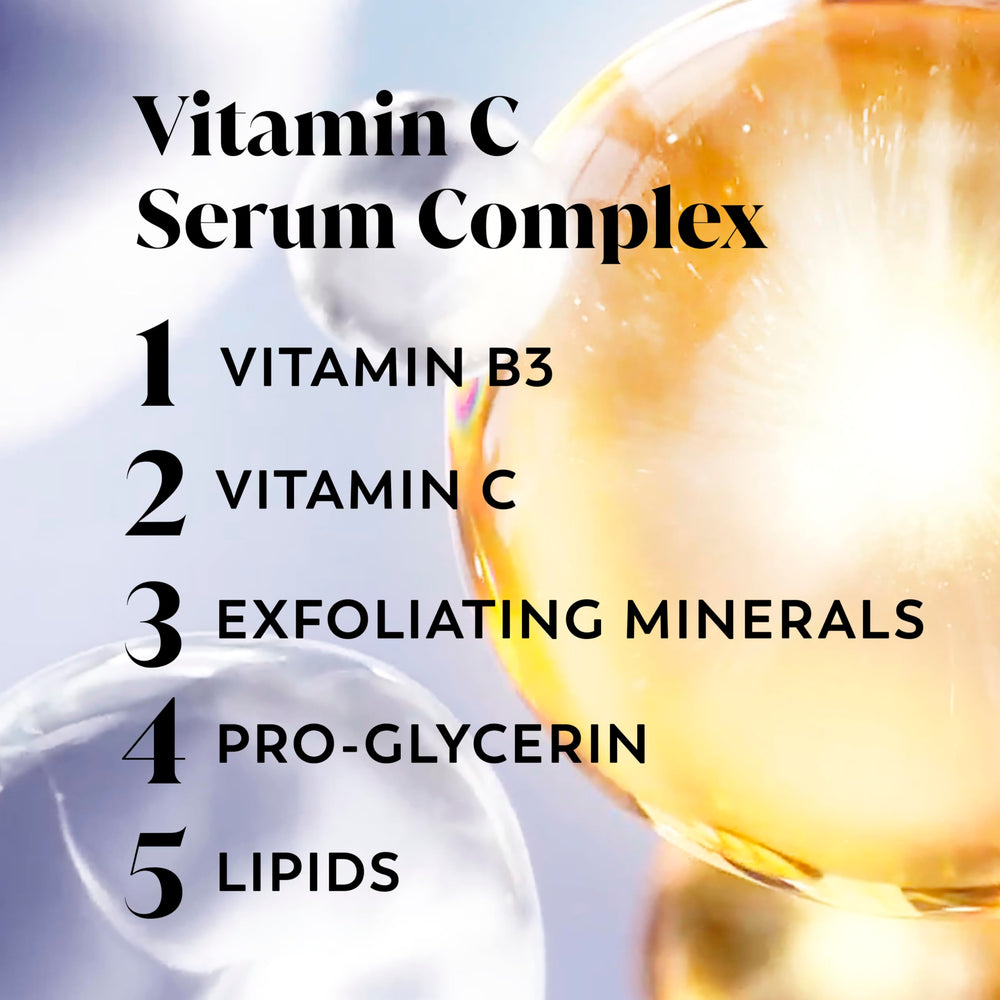 Olay ingredient label highlighting vitamin C and niacinamide benefits