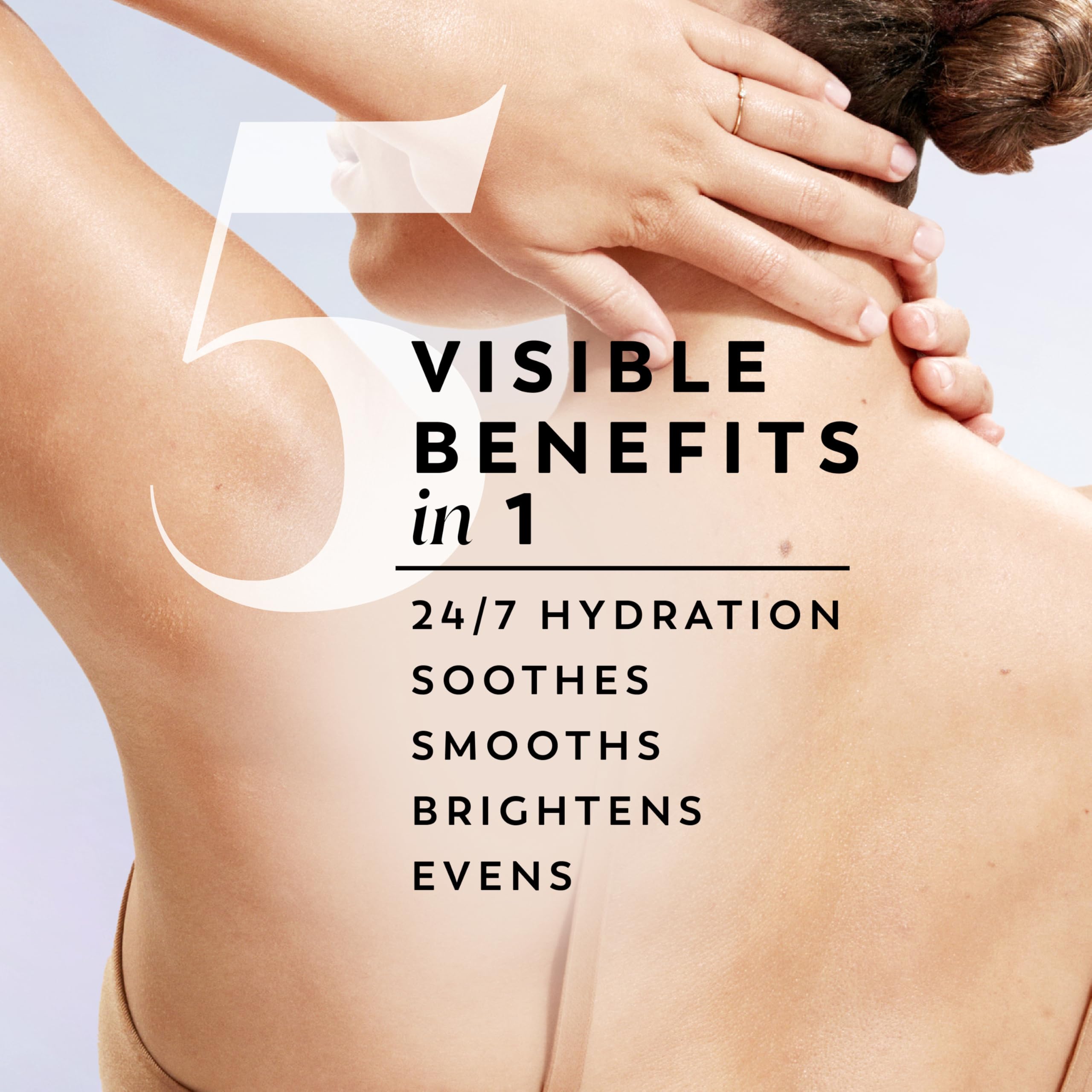 Olay label close-up highlighting the five serum ingredients for visible results