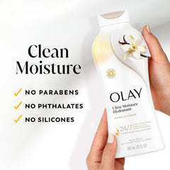 Olay product label close-up highlighting paraben-free and hydrating claims