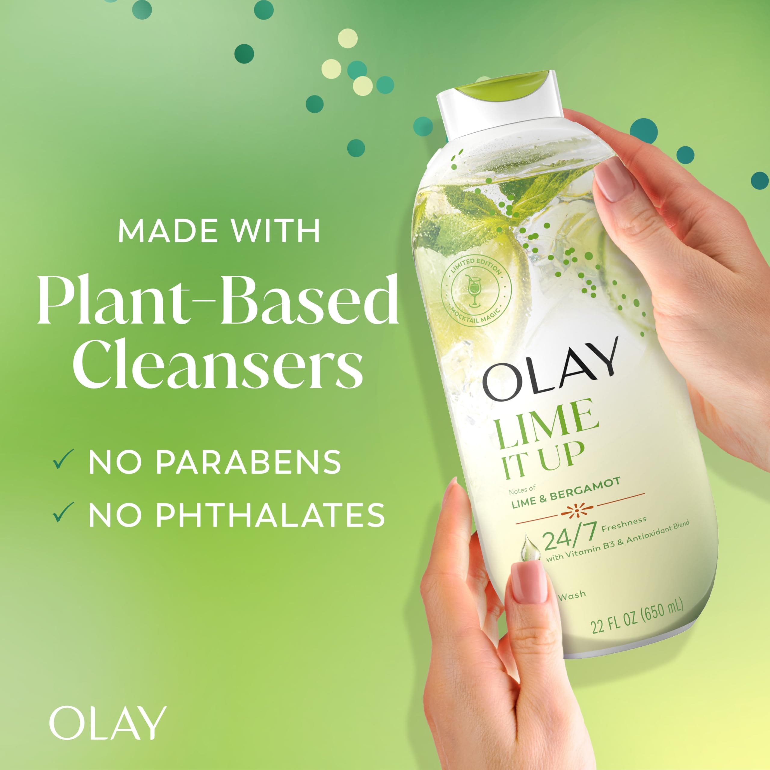 Olay bottle next to hand to show 22 fl oz size and easy grip for everyday use