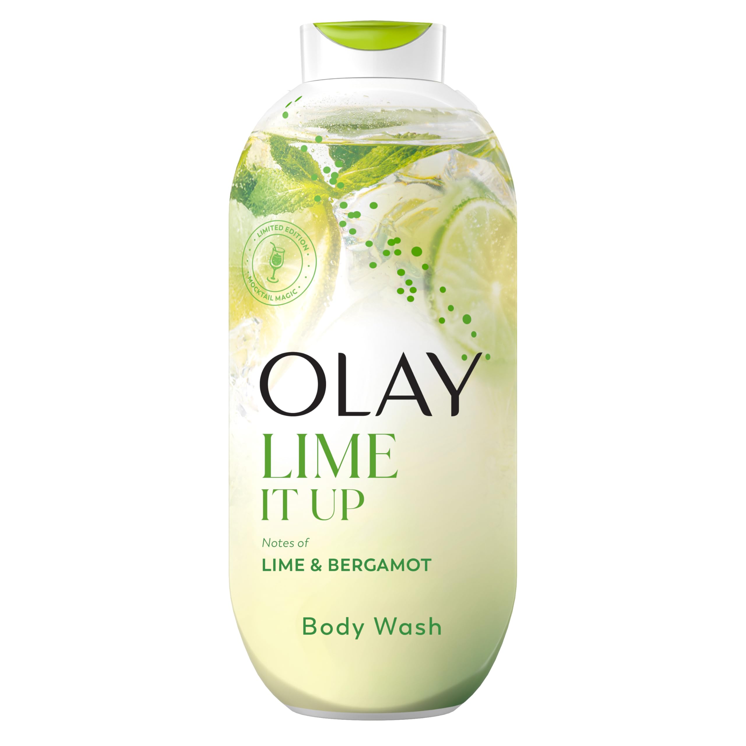 Olay front packaging showing Lime It Up bottle for clear identification and freshness