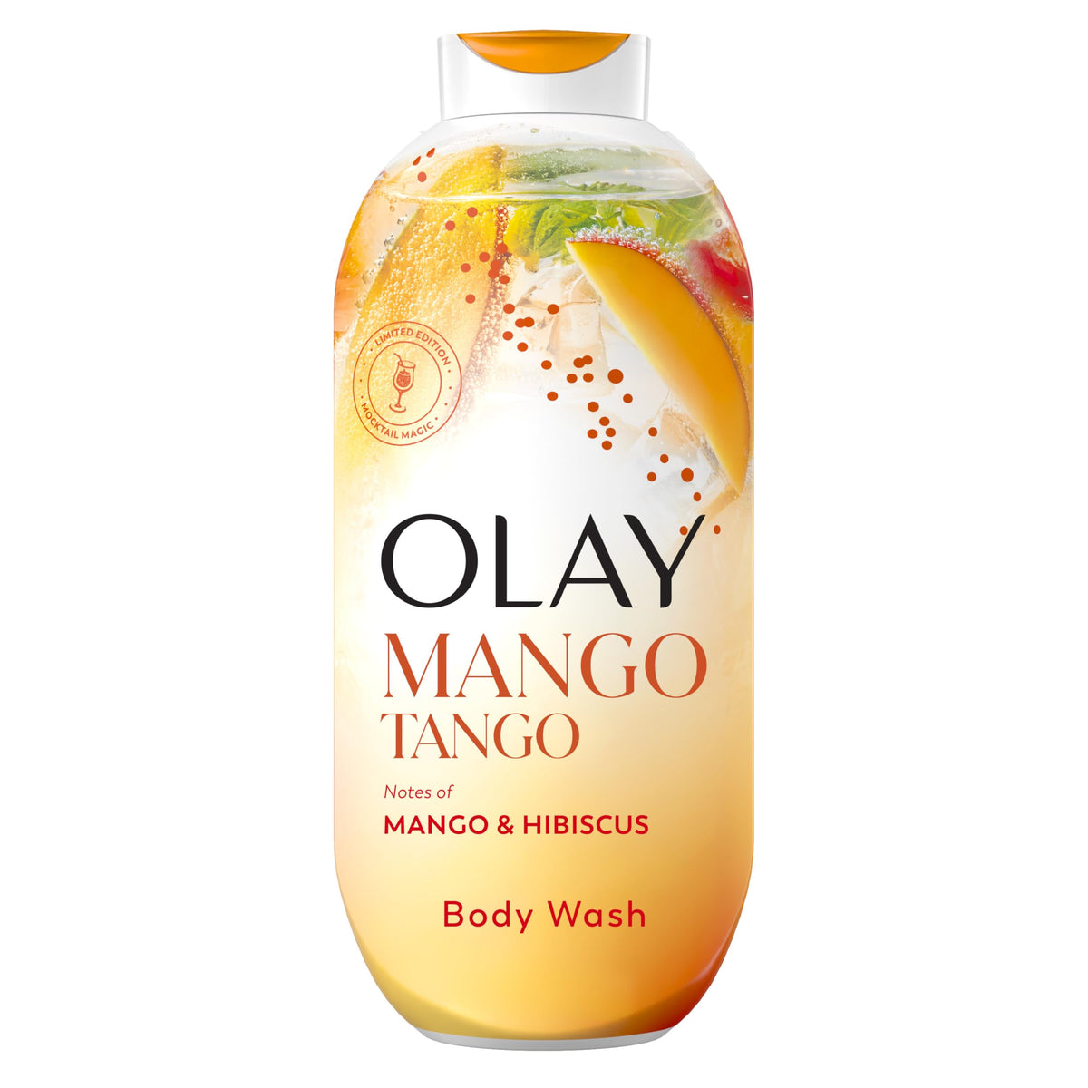 Olay bottle front packaging showing mango-hibiscus scent and benefit