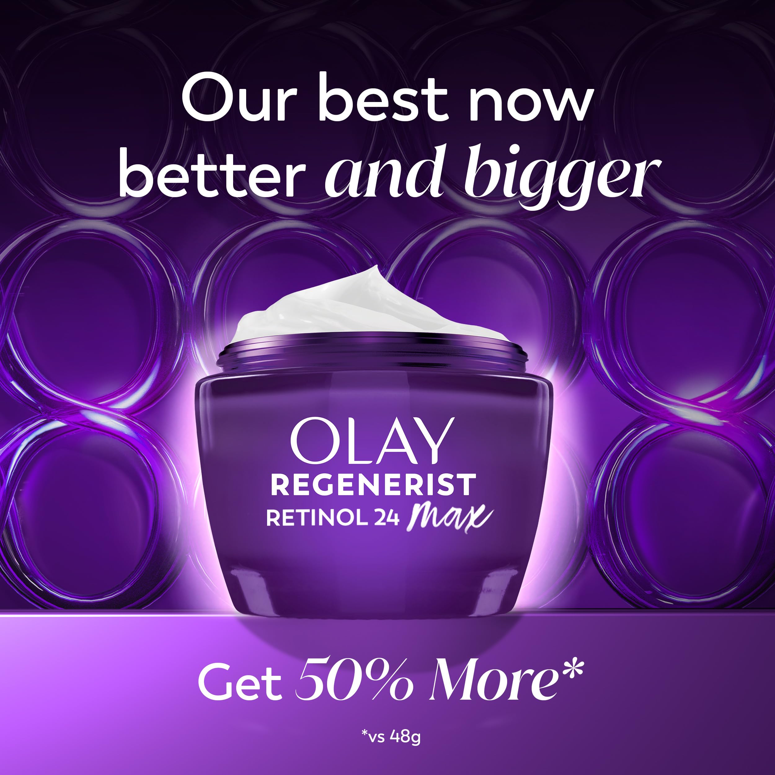 Olay open jar top view revealing creamy texture and easy scoop application benefit