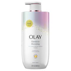 Olay body wash next to serum lotion showing complementary routine