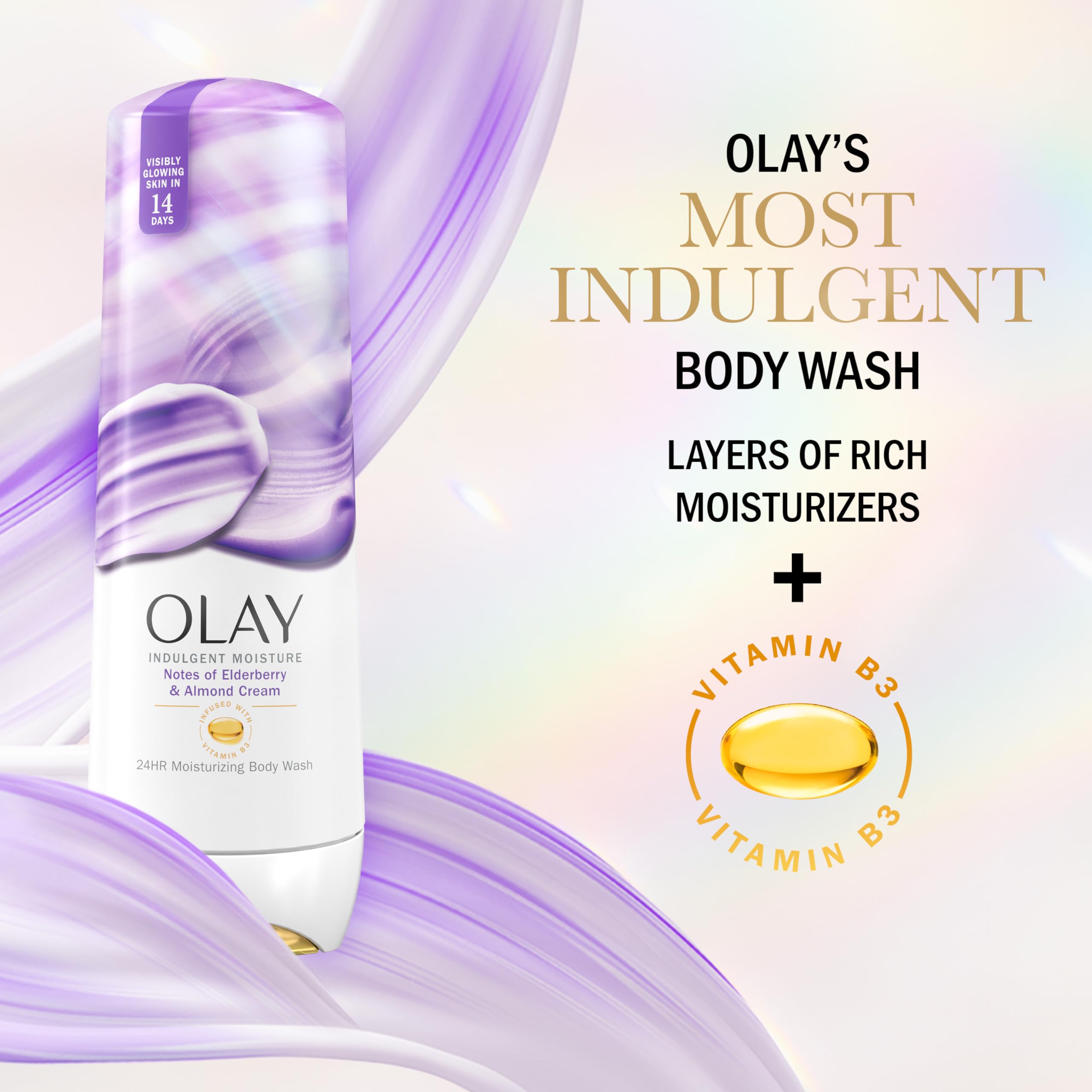 Olay pouring body wash on hand for easy application benefit