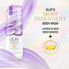 Olay pouring body wash on hand for easy application benefit