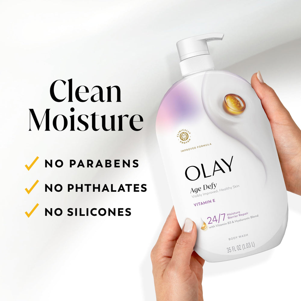 Olay Age Defy plus lotion duo showing recommended follow-up step for locking in moisture