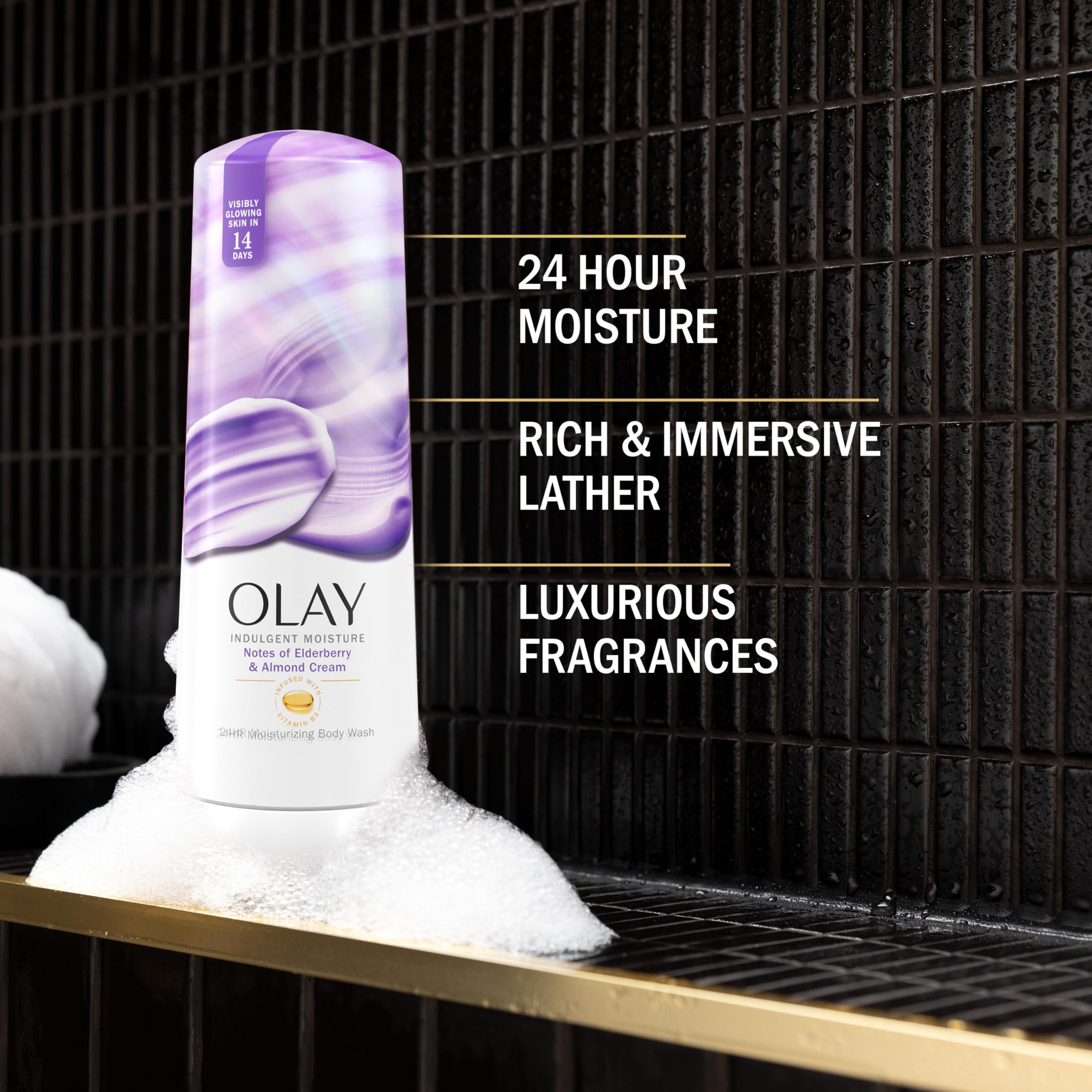 Olay bottle label close-up highlighting elderberry almond scent
