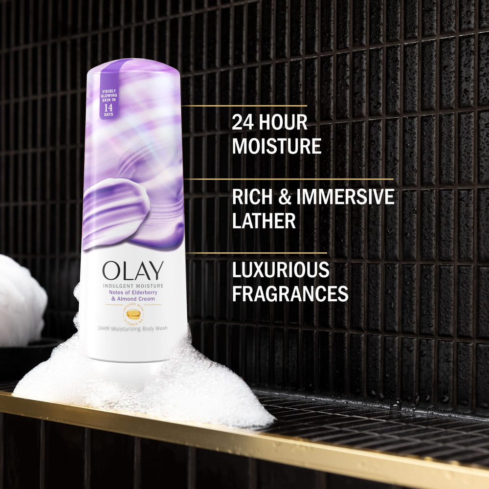 Olay bottle label close-up highlighting elderberry almond scent