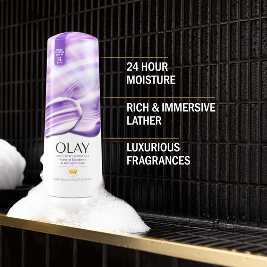 Olay bottle label close-up highlighting elderberry almond scent