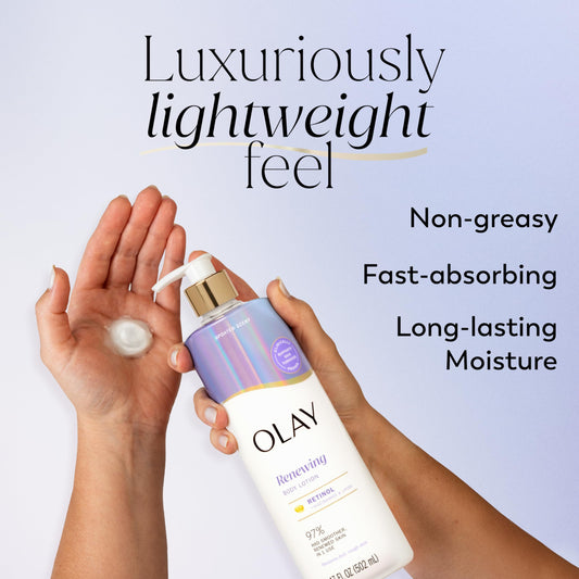 Olay pump dispense close-up demonstrating fast-absorbing lotion pour benefit