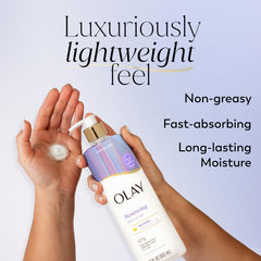 Olay pump dispense close-up demonstrating fast-absorbing lotion pour benefit